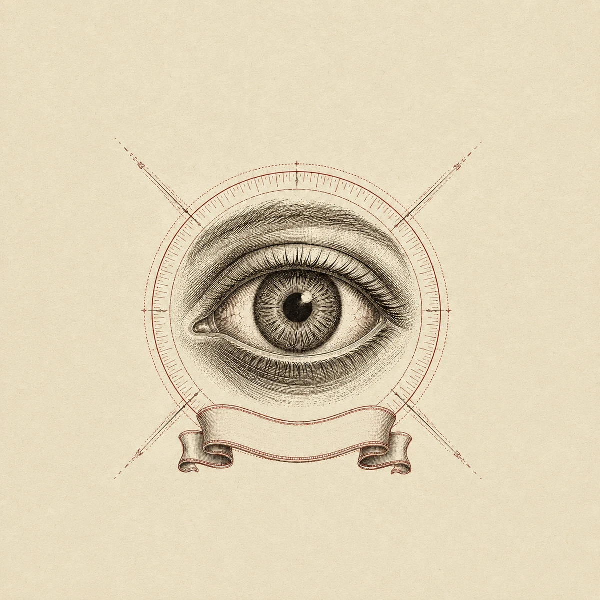 Vintage engraving of a watchful eye surrounded by instrument measurement rings